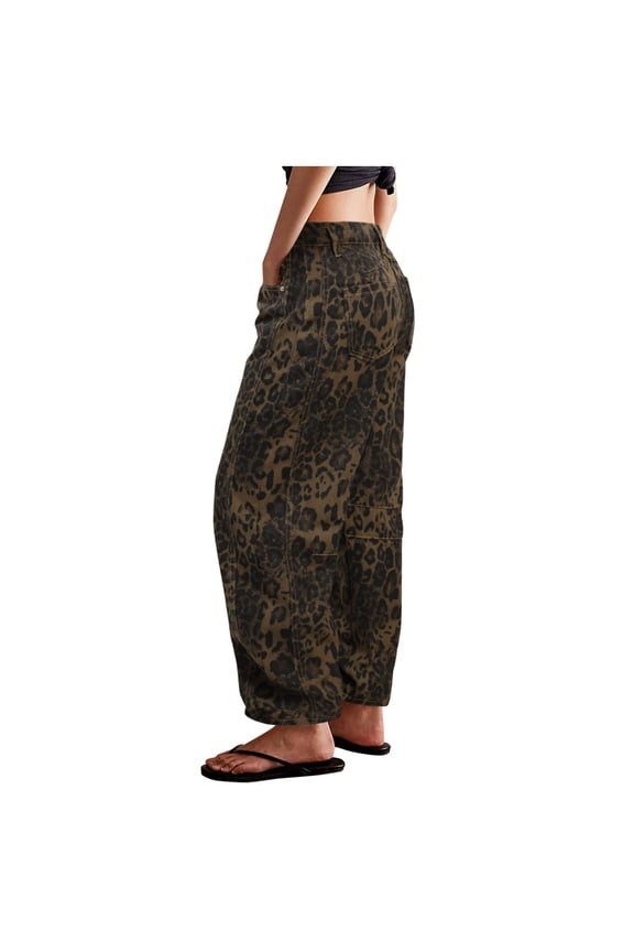Barrel Jeans For Women Trendy Stretchy Mid Rise Barrel Jeans Leopard Print Vintage Jeans Ankle Length Denim Pants Retro Jeans Work Dress Pants