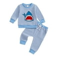thumbnail image 1 of FYDUU Boy Clothes Fall Sweatsuit Toddler Boys Autumn Winter Outfits Crewneck Long Sleeve Embroidery Striped Sweatshirt And Pants Two Piece Set,Blue,12-18 Months, 1 of 8