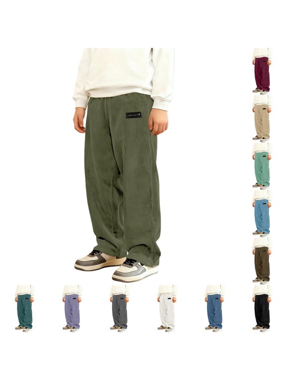 Boy's Corduroy Pants Kids School Uniform Pants Elastic Waist Straight Leg Trousers Loose Fit Casual Joggers Fall Winter Long Pants Stylish Slacks 13-14 Years