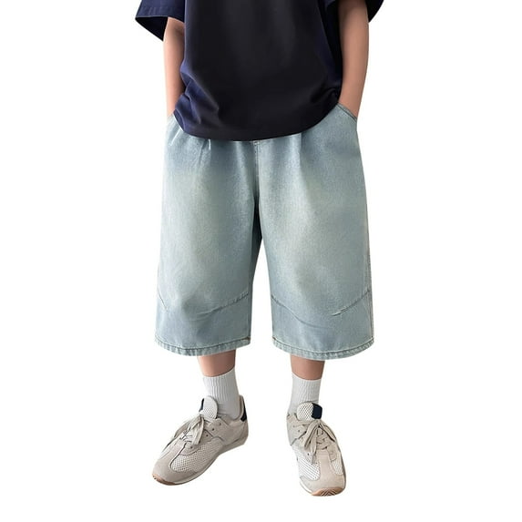 FYDUU Boy's Loose Denim Shorts Baggy Casual Wide Leg Mid Jean Jorts Kid Boys Elastic Waist Jean Shorts With Pockets Summer Streetwear 9-10 Years