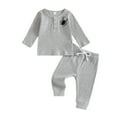 thumbnail image 1 of FYDUU Boy's Pajama Set Cute Embroidery Boys Long Sleeve Top And Ribbed Pants Two Piece Outfit Fall Halloween Kids Homewear Loungewear,Grey,12-18 Months, 1 of 9
