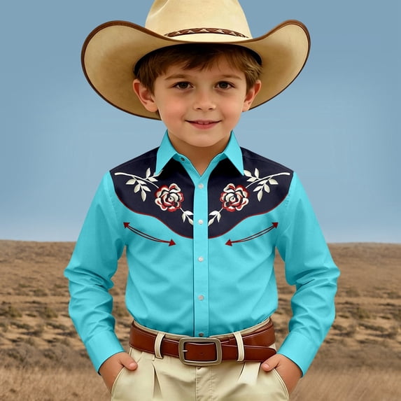 FYDUU Boy's Western Cowboy Shirt Printed Long Sleeve Shirts Vintage Casual Button Down Dress Shirts Festival Tops For Kids Regular Fit Blouses 10-11 Years