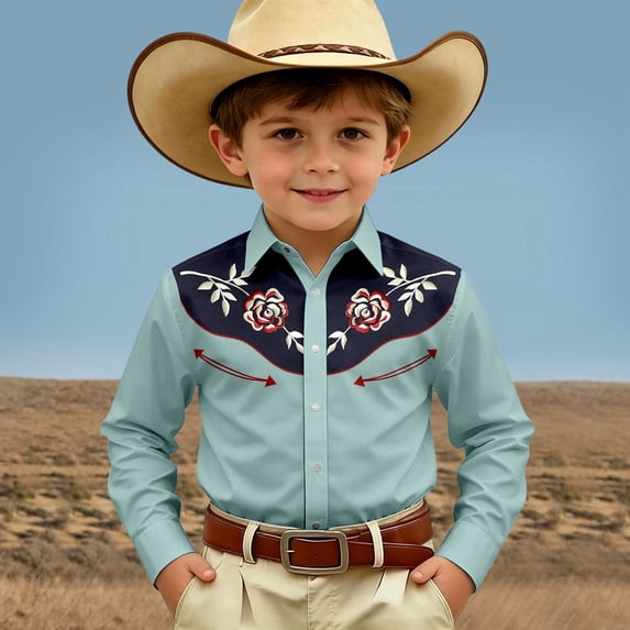 FYDUU Boy's Western Cowboy Shirt Printed Long Sleeve Shirts Vintage Casual Button Down Dress Shirts Festival Tops For Kids Regular Fit Blouses 8-9 Years