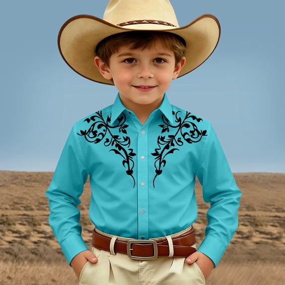 FYDUU Boy's Western Cowboy Shirt Printed Long Sleeve Shirts Vintage Casual Button Down Dress Shirts For Kids Regular Fit Blouses Festival Tops 6-7 Years