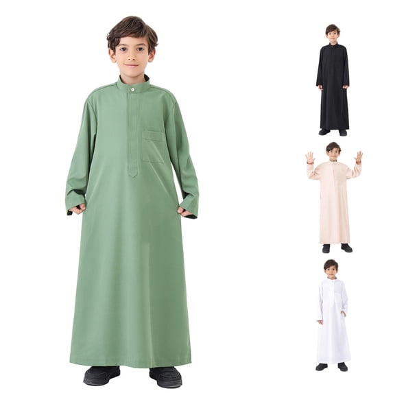 FYDUU Boys Arabic Thobe Long Sleeve Kaftan Crew Neck Robe with Zipper for Kids Boy Ethnic Style Long Robe Solid Color Children's Thobe 13-14 Years