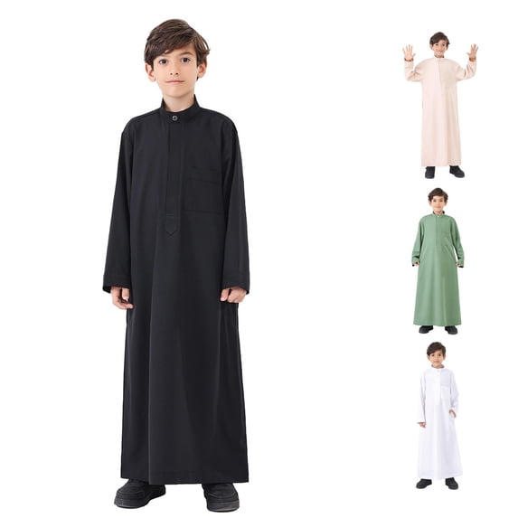 FYDUU Boys Arabic Thobe Long Sleeve Kaftan Crew Neck Robe with Zipper for Kids Boy Ethnic Style Long Robe Solid Color Children's Thobe 4-5 Years