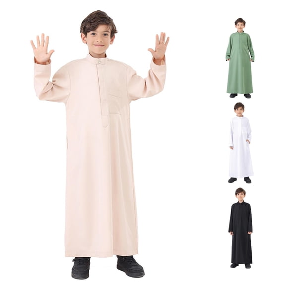 FYDUU Boys Arabic Thobe Long Sleeve Kaftan Crew Neck Robe with Zipper for Kids Boy Ethnic Style Long Robe Solid Color Children's Thobe 9-10 Years