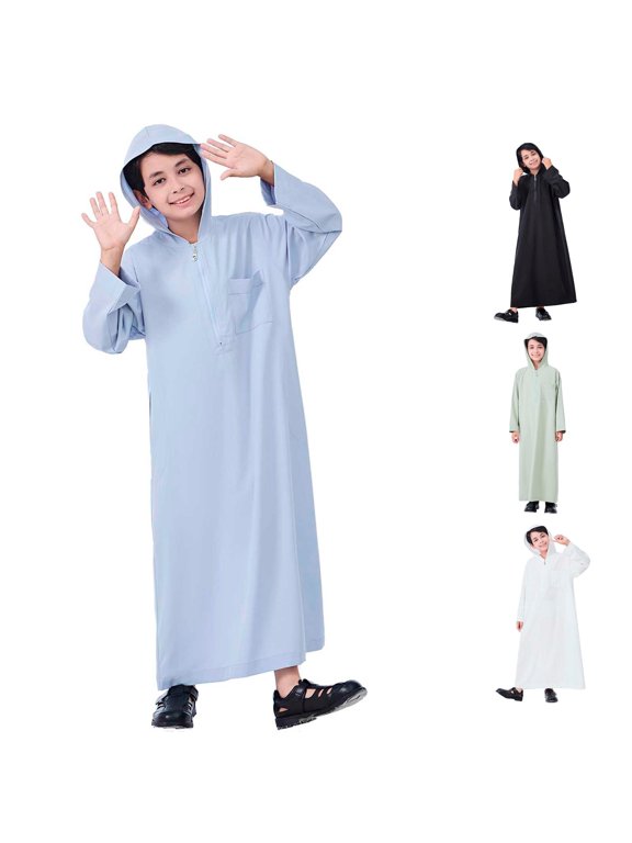 Boys Arabic Thobe Long Sleeve Kaftan Robe with Zipper Hooded Thobe Kids Ethnic Style Dress Long Robe Solid Color Children's Wear 4-5 Years