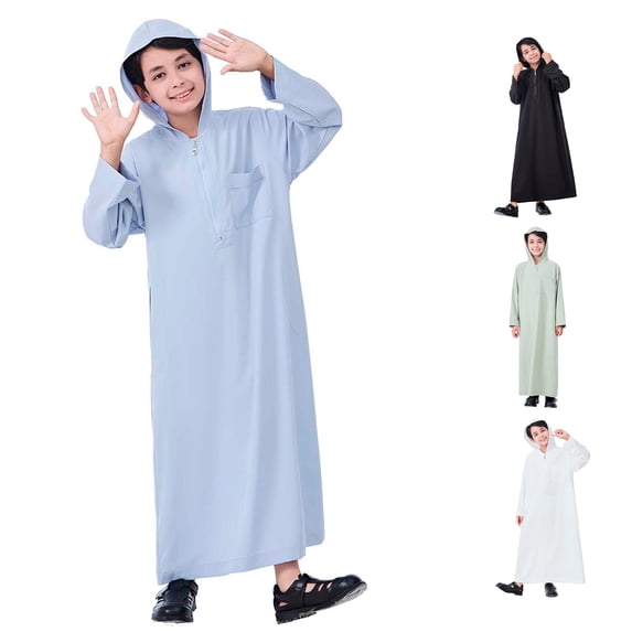 FYDUU Boys Arabic Thobe Long Sleeve Kaftan Robe with Zipper Hooded Thobe Kids Ethnic Style Dress Long Robe Solid Color Children's Wear 5-6 Years