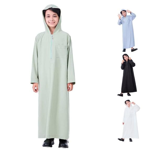 FYDUU Boys Arabic Thobe Long Sleeve Kaftan Robe with Zipper Hooded Thobe Kids Ethnic Style Dress Long Robe Solid Color Children's Wear 5-6 Years