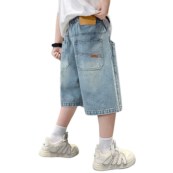 FYDUU Boys Baggy Jean Shorts Jorts Elastic Waist Casual Denim Shorts Straight Leg Loose Fit Trousers Streetwear Fashion Back To School Wear Versatile Pants 13-14 Years