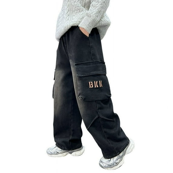 FYDUU Boys Baggy Jeans Boys Cargo Trousers Elastic Waist Wide Leg Cargo Jeans Regular Fit Denim Pants Trousers For Children Streetwear 7-8 Years