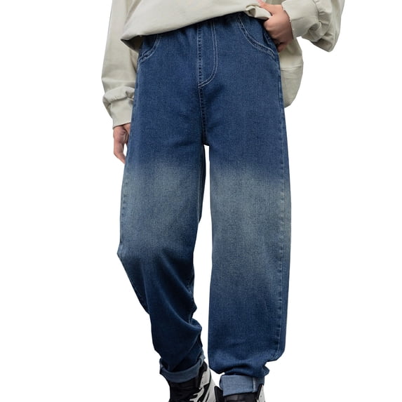 FYDUU Boys Baggy Jeans for Kids Boys Jeans Fashion Loose Fit Elastic Waist Denim Pants Retro Casual Straight Wide Leg Jeans Streetwear With Pockets 11-12 Years