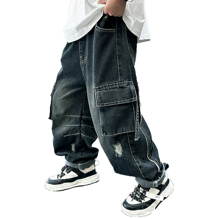 FYDUU Boys Baggy Jeans Straight Wide Leg Cargo Jeans Kids
