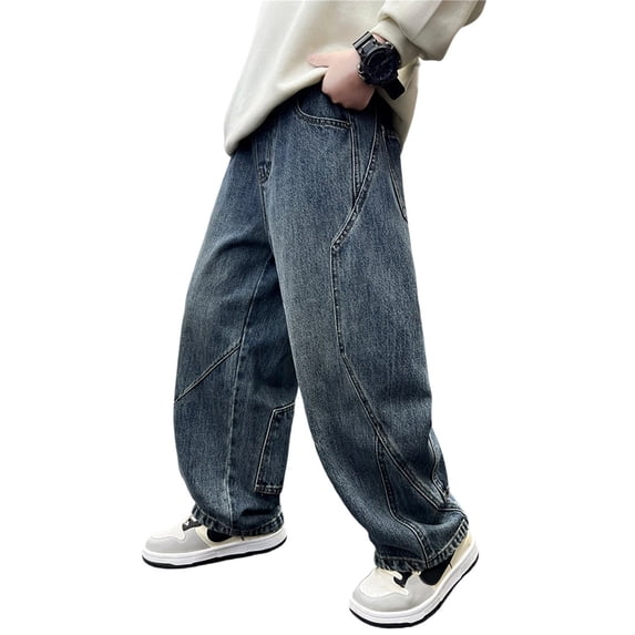 FYDUU Boys Baggy Jeans Wide Leg Denim Pants with Pockets Elastic Waist Loose Fit Jeans Casual Trousers Streetwear Autumn School Wear Fashion Slacks 7-8 Years