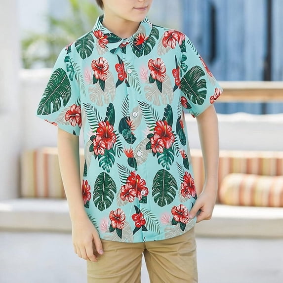 FYDUU Boys Button Down Shirts Kids Hawaiian Shirt Tropical Print Short Sleeve Shirts For Kids Summer Vacation Beach Shirt Trendy Clothestops 12-13 Years