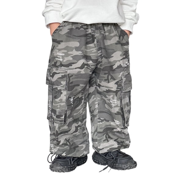 FYDUU Boys Camo Cargo Joggers Pants With Pockets Loose Fit Wide Leg Pants For Kids Elastic Waist Casual Jogging Trousers Bottom Leisure Pants 18-24 Months