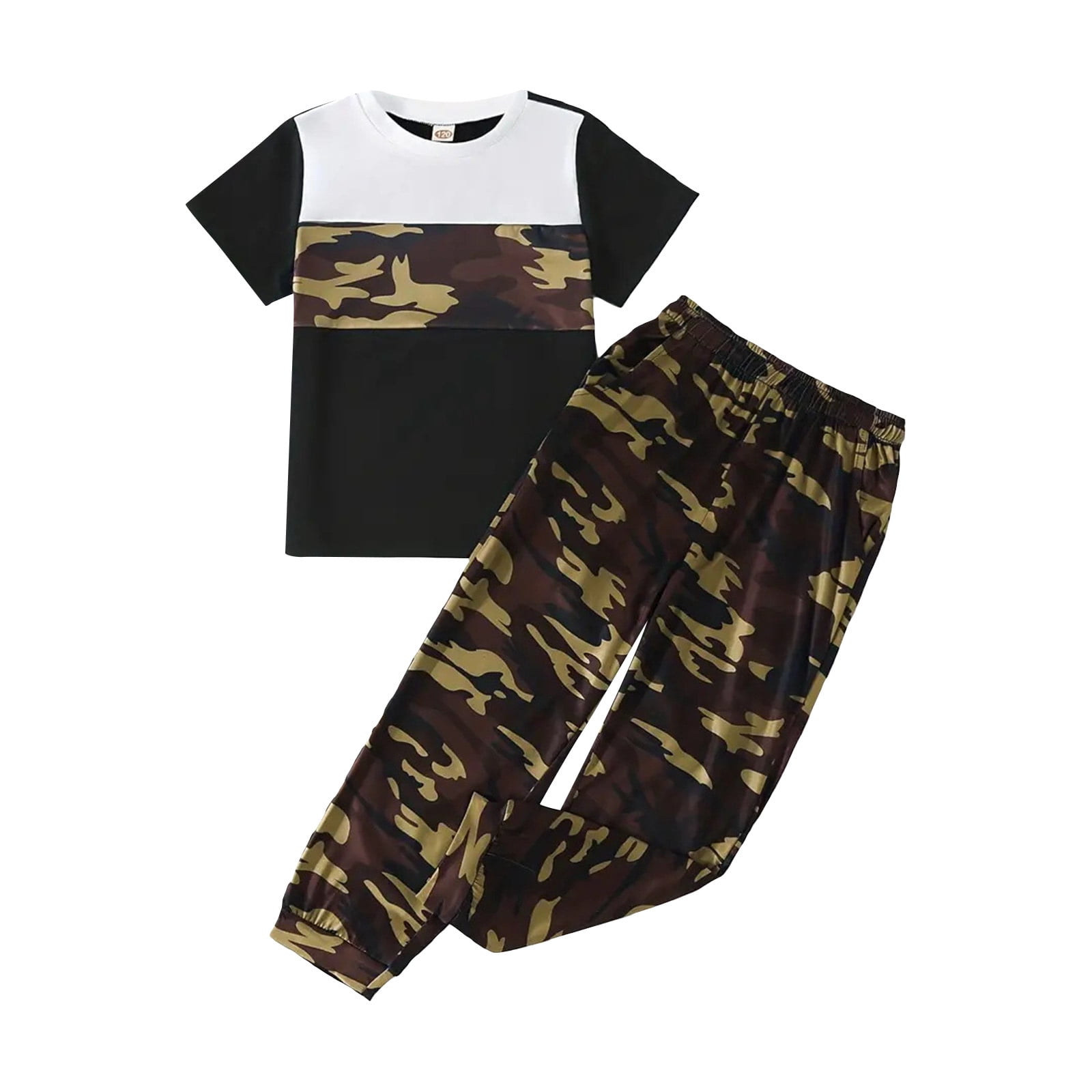 FYDUU Boys Camo Print Outfits Sets Short Sleeve T-Shirt Long Pants 2 Piece Casual Summer Clothes For Toddler Kids Leisure Vintage 11-12 Years