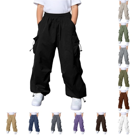 FYDUU Boys Cargo Pants Baggy Elastic Waist Wide Leg Trousers Kids Casual Cargo Pants with Pockets Comfortable Back To School Trousers Leisure Pants 13-14 Years