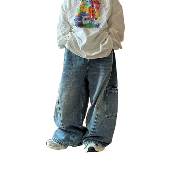 FYDUU Boys Cargo Pants Boy's Baggy Straight Leg Denim Pants Loose Wide Leg Jeans Stretch Denim Pants Vintage Cargo Jeans 4-5 Years