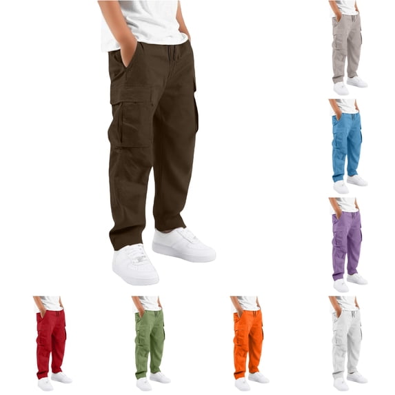 FYDUU Boys Cargo Pants Straight Leg Hiking Pants with Pockets Elastic Waist Casual Cargo Pants for Kids Teens Back To School Trousers Vacation Pants 5-6 Years