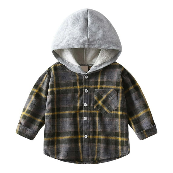 FYDUU Boys Casual Plaid Long Sleeve Hooded Shirt Jacket Stylish Kids Tops Children's Soft Button Down Shirt Jacket Top Fall Winter Clothes Vintage Hallowmas