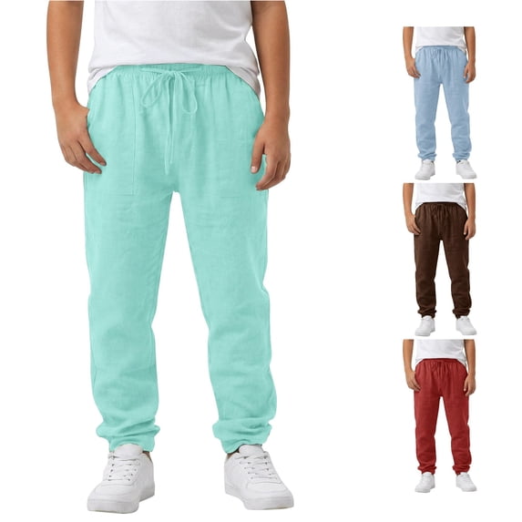 FYDUU Boys Casual Straight Leg Pants Elastic Waist Summer Fall Long Trousers for Kids Comfortable Daily Wear Solid Color Breathable Bottoms Versatile Slacks 14-15 Years
