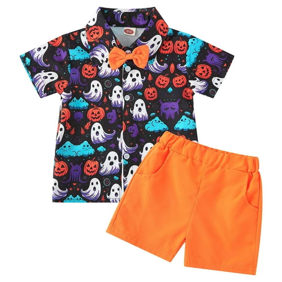 FYDUU Boys Clothes Halloween Outfits Toddler Boys Outfits Two Piece Set Cute Pumpkin Print Short Sleeve Shirts And Elastic Waist Shorts Suit 1-2 Years