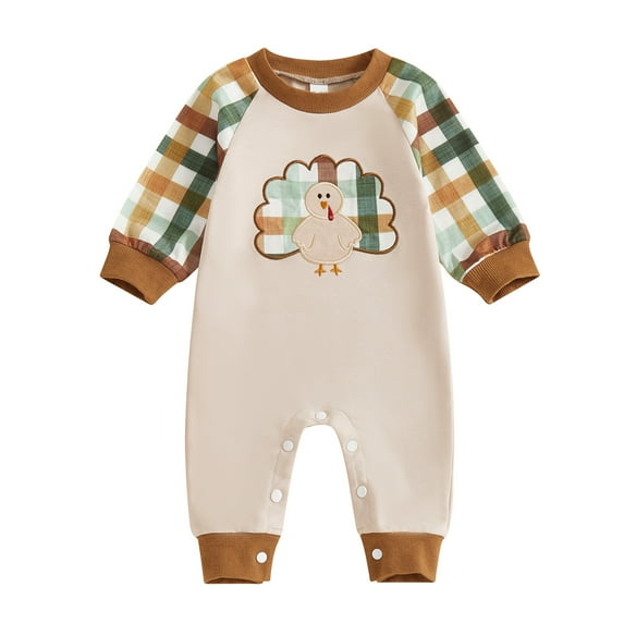 FYDUU Boys Clothes Rompers Baby Boys Thanksgiving Turkey Applique Jumpsuit Plaid Color Long Sleeve Romper Outfit For Infant Toddler,Beige,0-3 Months