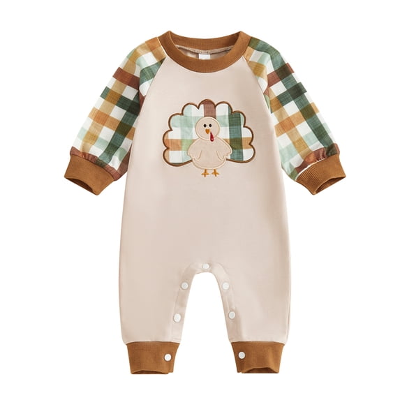 FYDUU Boys Clothes Rompers Baby Boys Thanksgiving Turkey Applique Jumpsuit Plaid Color Long Sleeve Romper Outfit For Toddler,Beige,3-6 Months