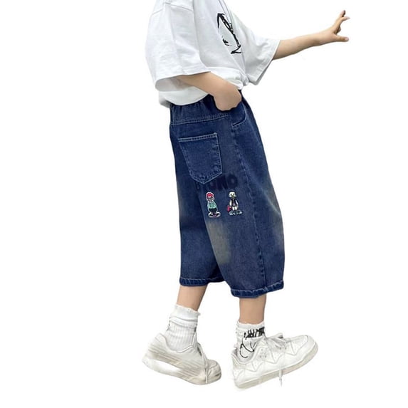 FYDUU Boys Denim Shorts Comfort Boys Jorts Elastic Waist Wide Leg Loose Denim Shorts With Pockets Fashion Casual Kids Jeans Shorts Streetwear 5-6 Years