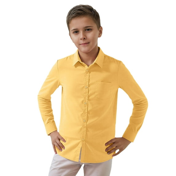FYDUU Boys Dress Shirts Solid Color Long Sleeve Button Down Shirt Toddler Kids Gentleman Lapel Button Tops Fashion Casual Shirts Adorable Trendy 5-6 Years