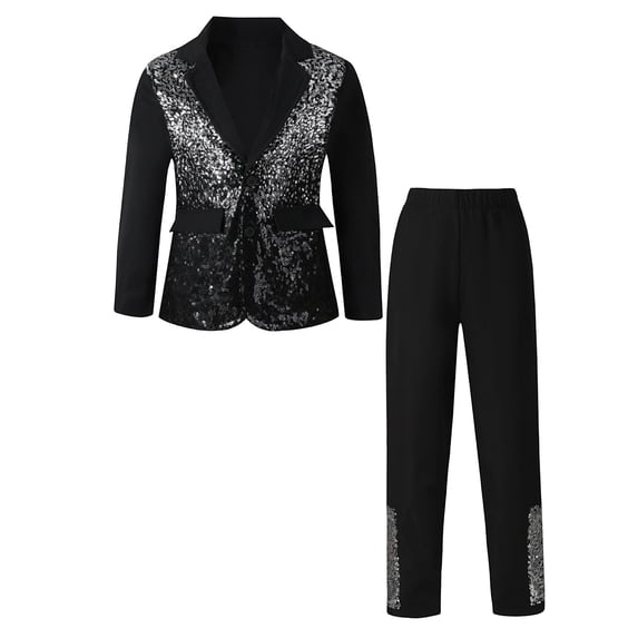 FYDUU Boys Fall Winter Outfits Boys Suit Set Formal Outfit Kids Stylish Slim Fit Tuxedo Suits Sequin Blazer And Pants Party Performance Outfits,Black,7-8 Years
