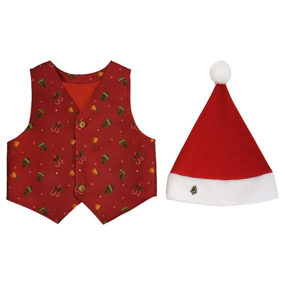 FYDUU Boys Fashion Vest Sets Toddler Boys Girls Christmas Outfits Cute Print Sleeveless Vest Hat 2 Piece Outfit Set Party Xmas Clothes Set,Red,3-4 Years