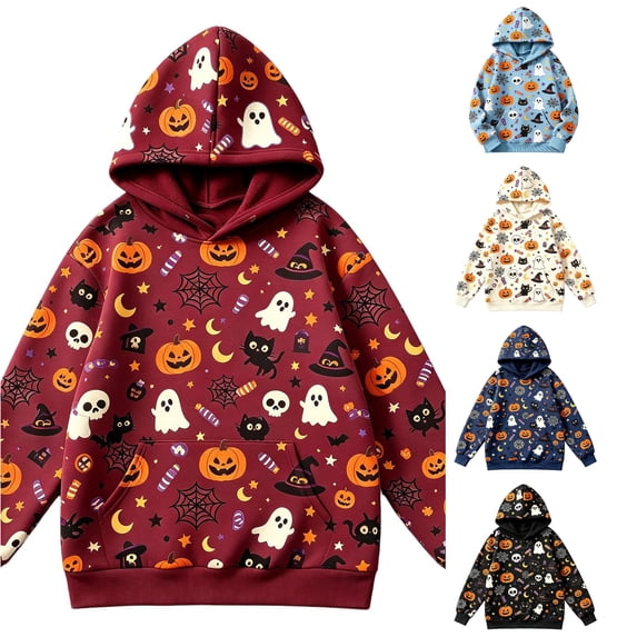 FYDUU Boys Halloween Graphic Hoodie Pullover Cute Printed Hooded Sweatshirts with Pocket Fall Winter Clothes Holiday Party Hoodies Tops 5-6 Years