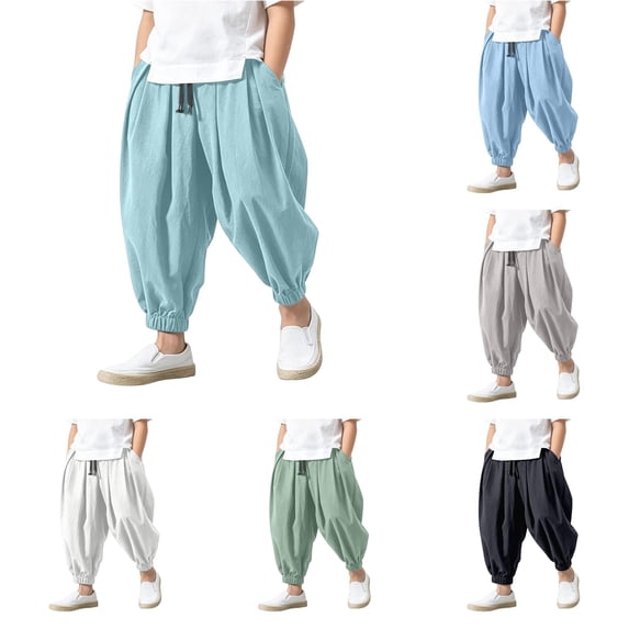 FYDUU Boys Harem Pants Baggy Elastic Waist Wide Leg Trousers Casual Beach Pants Solid Color Lightweight Harem Trousers with Pockets Fashion Pants 3-4 Years