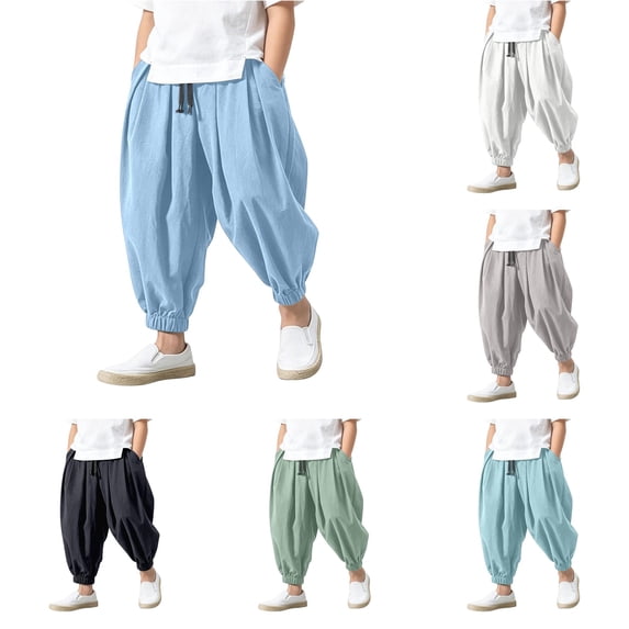 FYDUU Boys Harem Pants Baggy Elastic Waist Wide Leg Trousers Casual Beach Pants Solid Color Lightweight Harem Trousers with Pockets Stylish Pants 5-6 Years