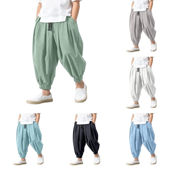 FYDUU Boys Harem Pants Baggy Elastic Waist Wide Leg Trousers Casual Beach Pants Solid Color Lightweight Harem Trousers with Pockets Stylish Slacks 3-4 Years