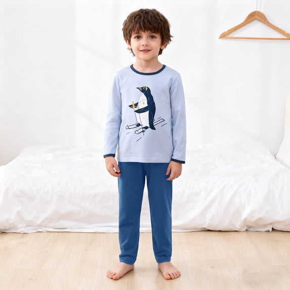 FYDUU Boys Pajamas Set Cute Penguin Print Long Sleeve Tops with Pants Two Piece Sleepwear for Kids Fall Winter Cozy Loungewear Outfits