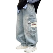 FYDUU Boys Pants Trendy Trousers Boys Cargo Jeans Pants Kids Casual Straight Wide Leg Baggy Jeans Loose Denim Pants Trousers With Pockets 4-5 Years