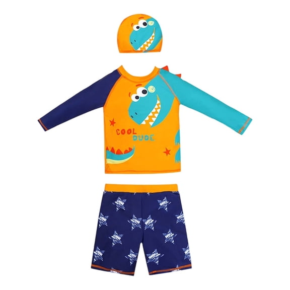 FYDUU Boys Rash Guard Swimsuits 3 Piece Swim Set Long Sleeve Bathing Suit with Swim Trunks Toddler Cartoon Print Swimwear Summer Beach Outfit 4-5 Years