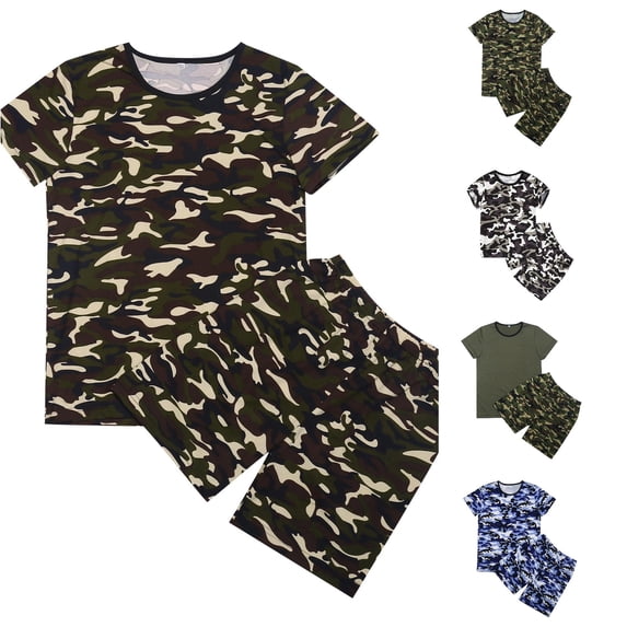 FYDUU Boys Short Sleeve T Shirts and Shorts Outfits Sets Summer Short Set Kids Graphic Camo T Shirts Shorts Suit 13-14 Years