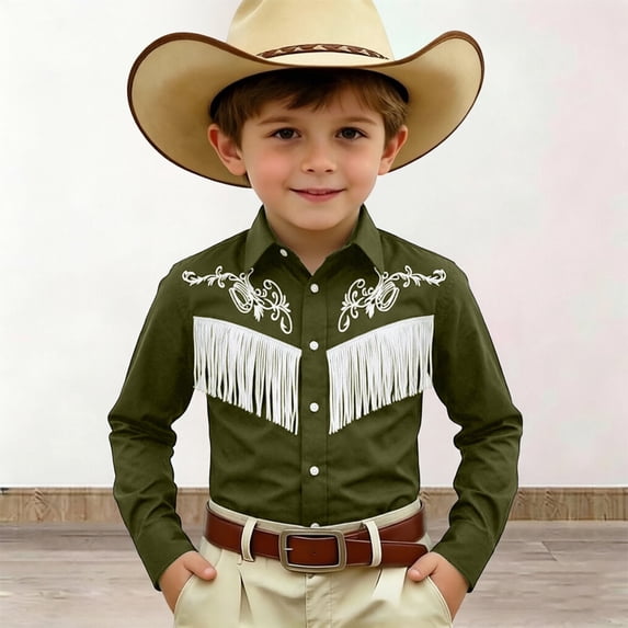 FYDUU Boys Western Cowboy Shirt Printed Long Sleeve Regular Fit Dress Shirts Casual Button Down Shirts For Kids Festival Party Tops Childrens Wear 4-5 Years