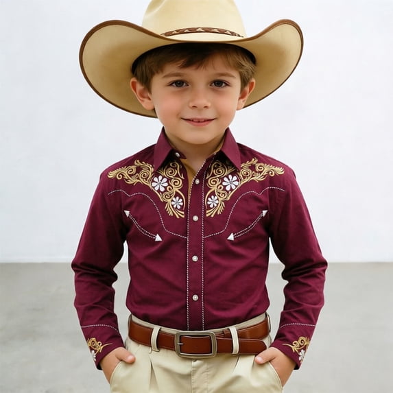 FYDUU Boys Western Cowboy Shirt with Print Long Sleeve Button Down Shirts for Kids Casual Retro Party Wear Fashion Clothes Tops Fashion Wear