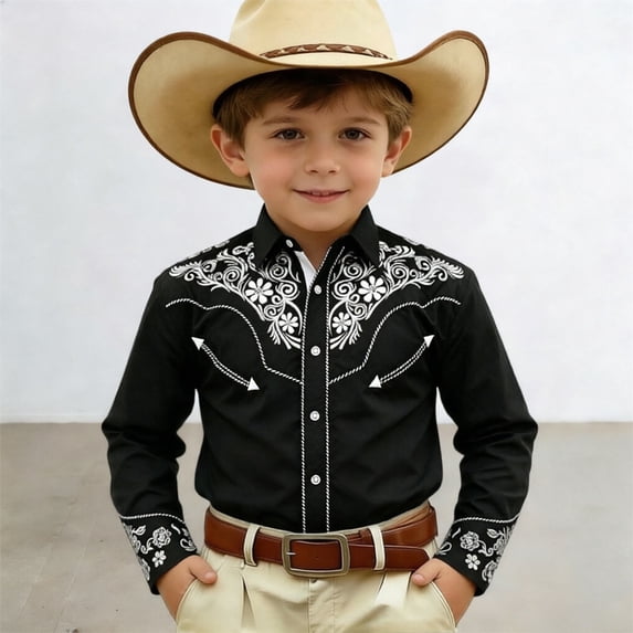 FYDUU Boys Western Cowboy Shirt with Print Long Sleeve Button Down Shirts for Kids Casual Retro Party Wear Fashion Clothes Tops Soft Comfy Wear