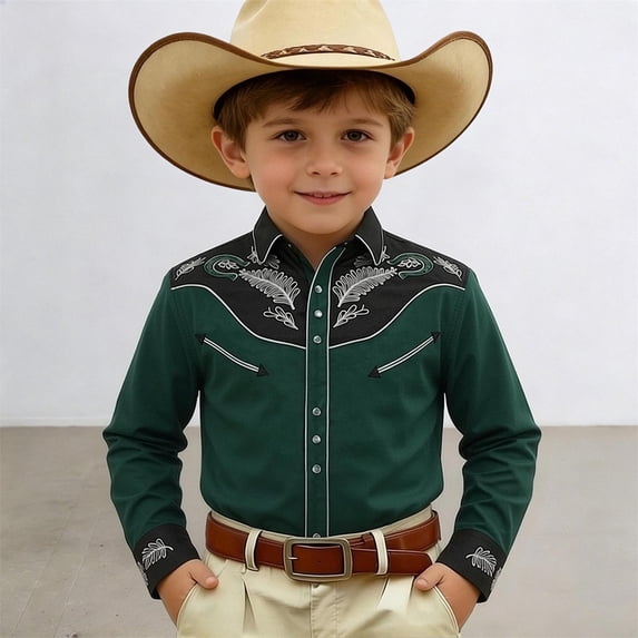 FYDUU Boys Western Cowboy Shirts Print Long Sleeve Button Down Shirt Kids Retro Casual Tops Festival Party Wear Fashion Clothes Children Wear