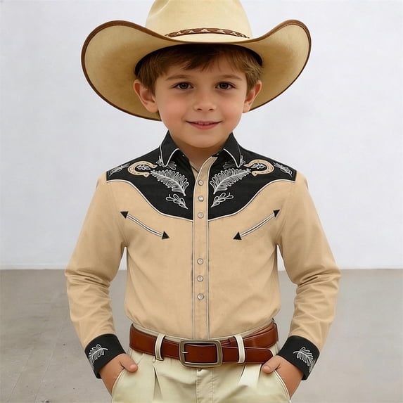 FYDUU Boys Western Cowboy Shirts Print Long Sleeve Button Down Shirt Kids Retro Casual Tops Festival Party Wear Fashion Clothes Fashion Wear