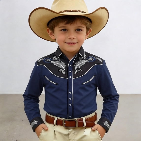 FYDUU Boys Western Cowboy Shirts Print Long Sleeve Button Down Shirt Kids Retro Casual Tops Festival Party Wear Fashion Clothes Stylish Clothes