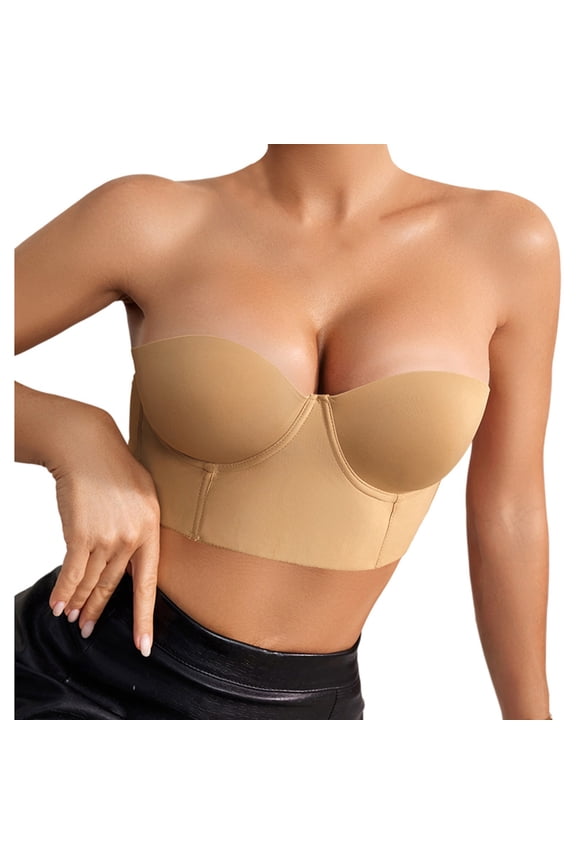 Bras For Women Longline Strapless Full Coverage Underwire Corset Bustier Bra Comfortable Tube Top Convertible Straps Comfort Nursing Bras /Khaki