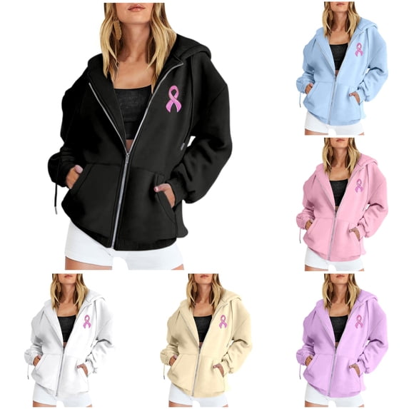 FYDUU Breast Cancer Awareness Gifts Zip Up Hoodie Women Long Sleeve Sweatshirt Jacket with Pockets Full Zip Up Hoodies for Women